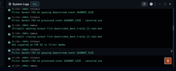 GPAC log messages in the System Logs widget